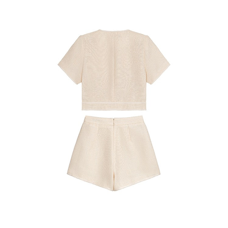 Beige Gold Button Top Shorts Set