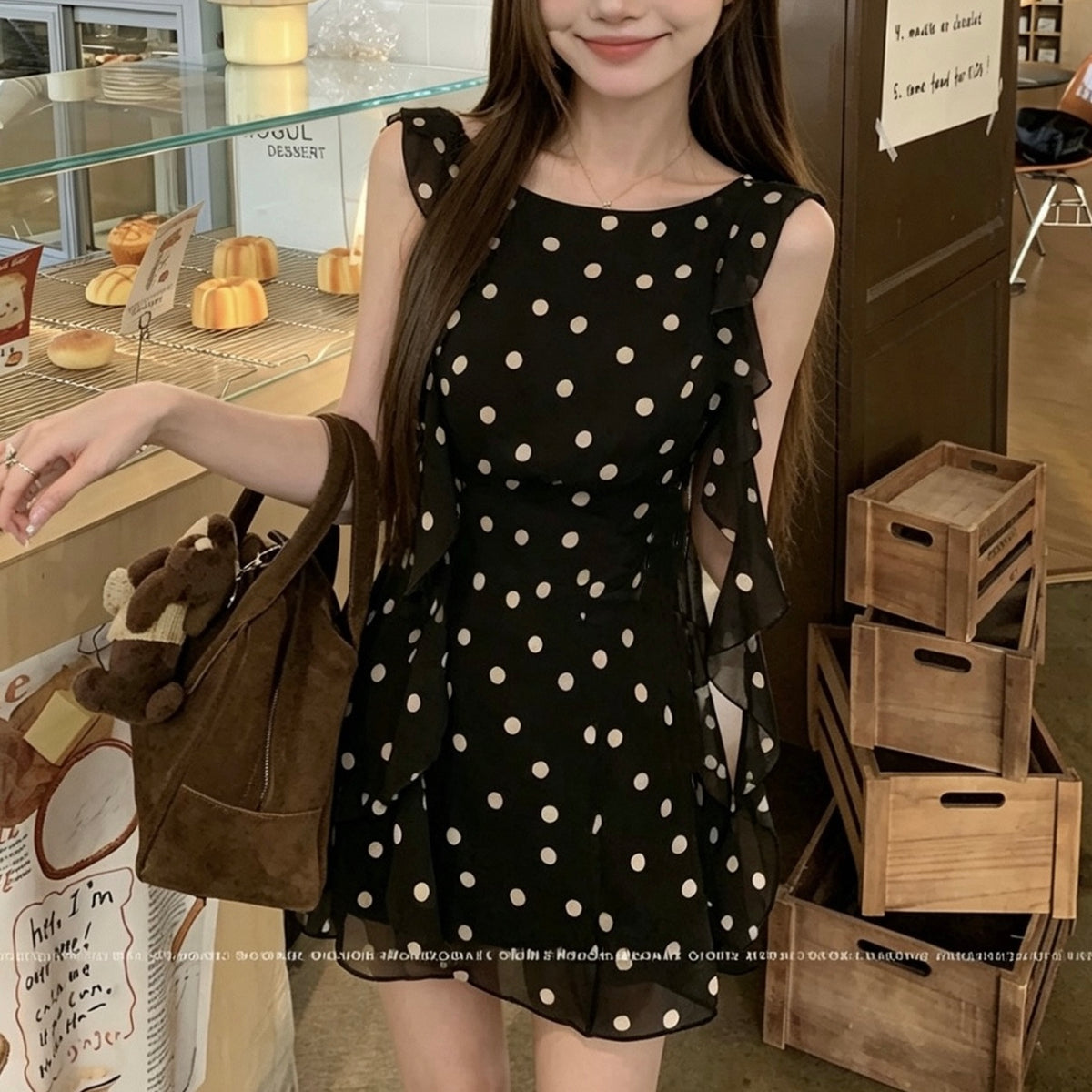 Black Polka Dot Ruffle Sleeveless Dress