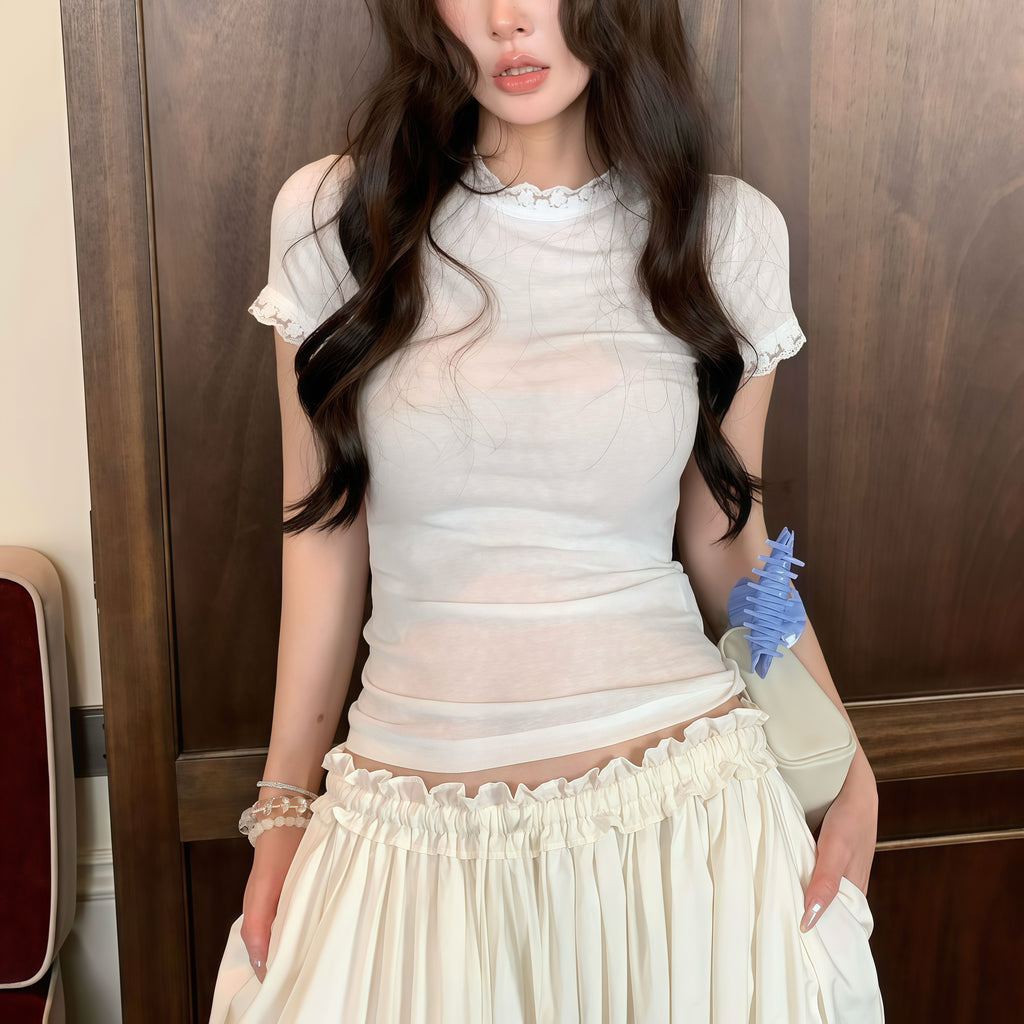 White Sheer Lace Trim Baby Tee