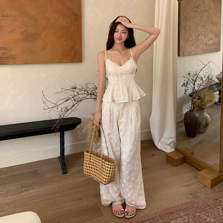 White Lace Camisole Pants Summer Set