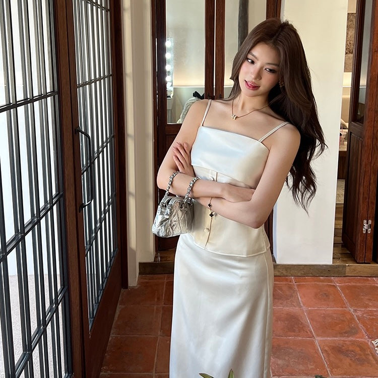 White Satin Camisole Maxi A-Line Skirt Set