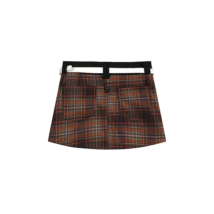 Orange Plaid White Belt Skirt