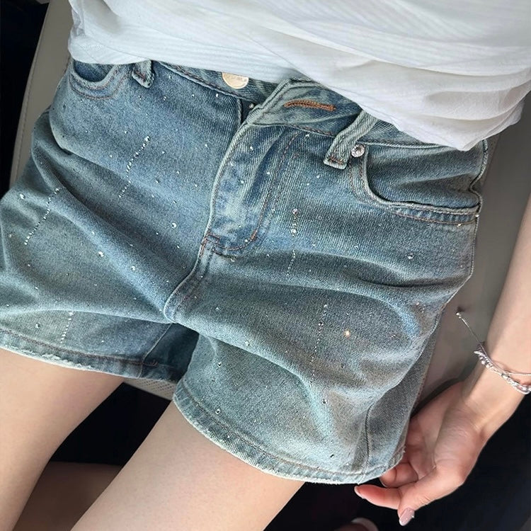 Sparkly Rhinestone Blue Denim Shorts