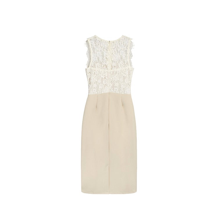 Beige Lace Front Halter Pencil Dress