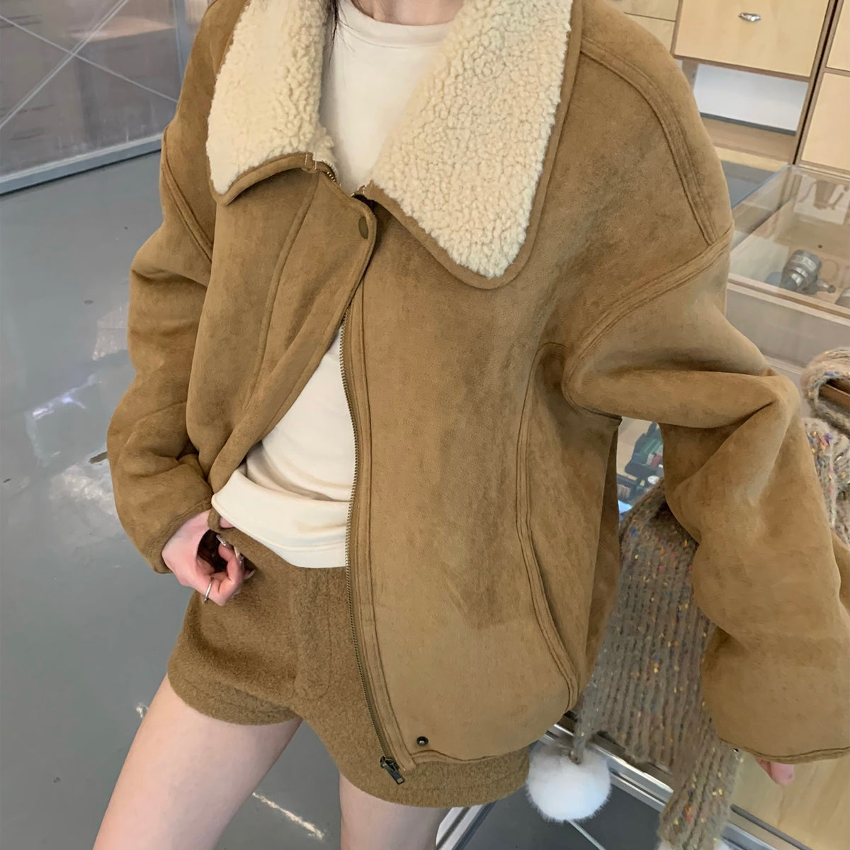 Wool Lined Zip-Up Suede Jacket