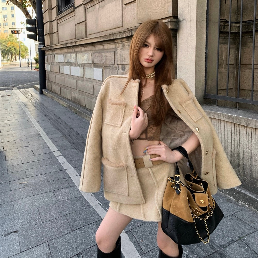 Tan Wool Coat Belt Skirt Set