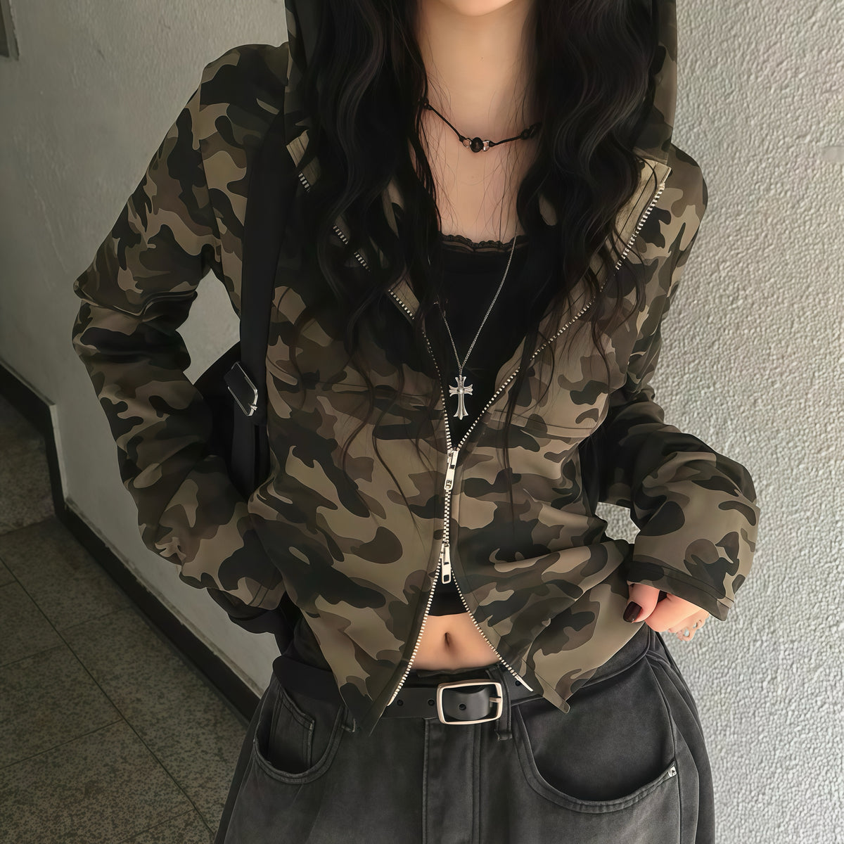 Khaki Camo Zip Crop Hoodie