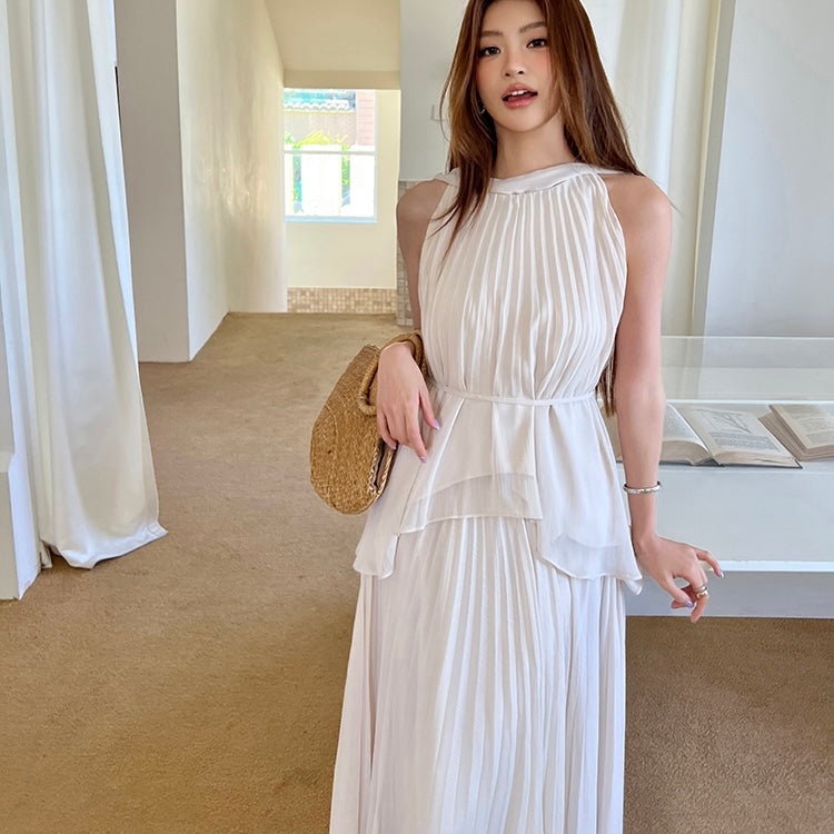 Beige Pleated Maxi Halter Dress