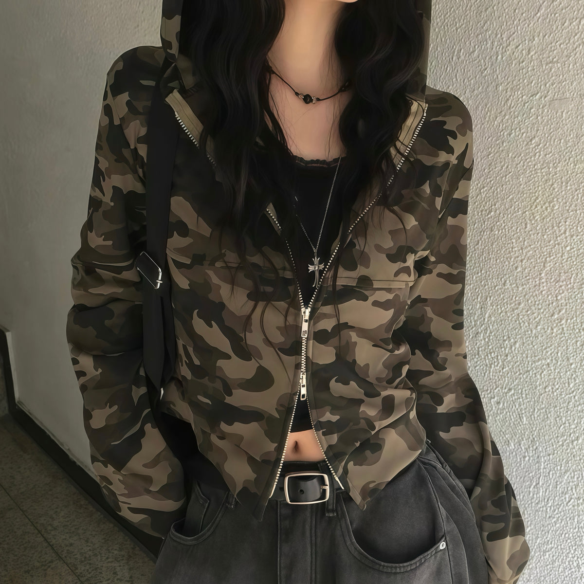 Khaki Camo Zip Crop Hoodie