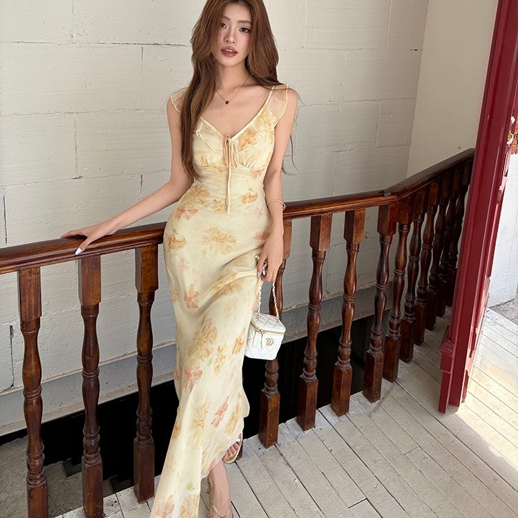 Yellow Light Floral Ruffle Maxi Dress