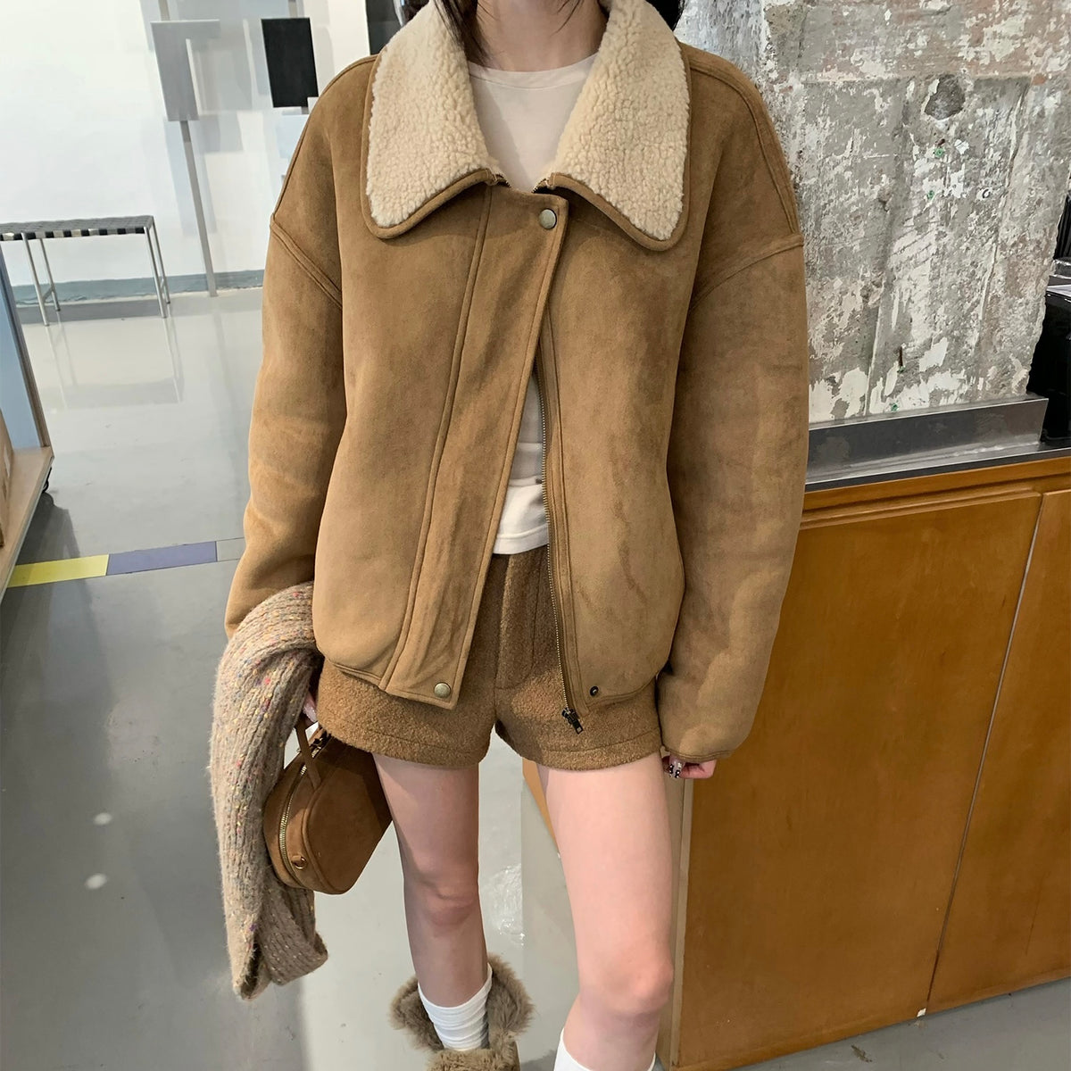 Wool Lined Zip-Up Suede Jacket