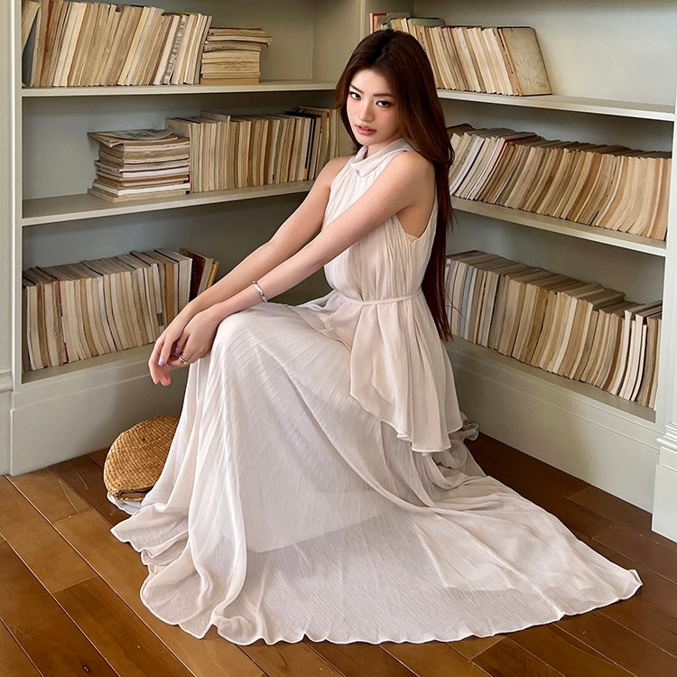 Beige Pleated Maxi Halter Dress