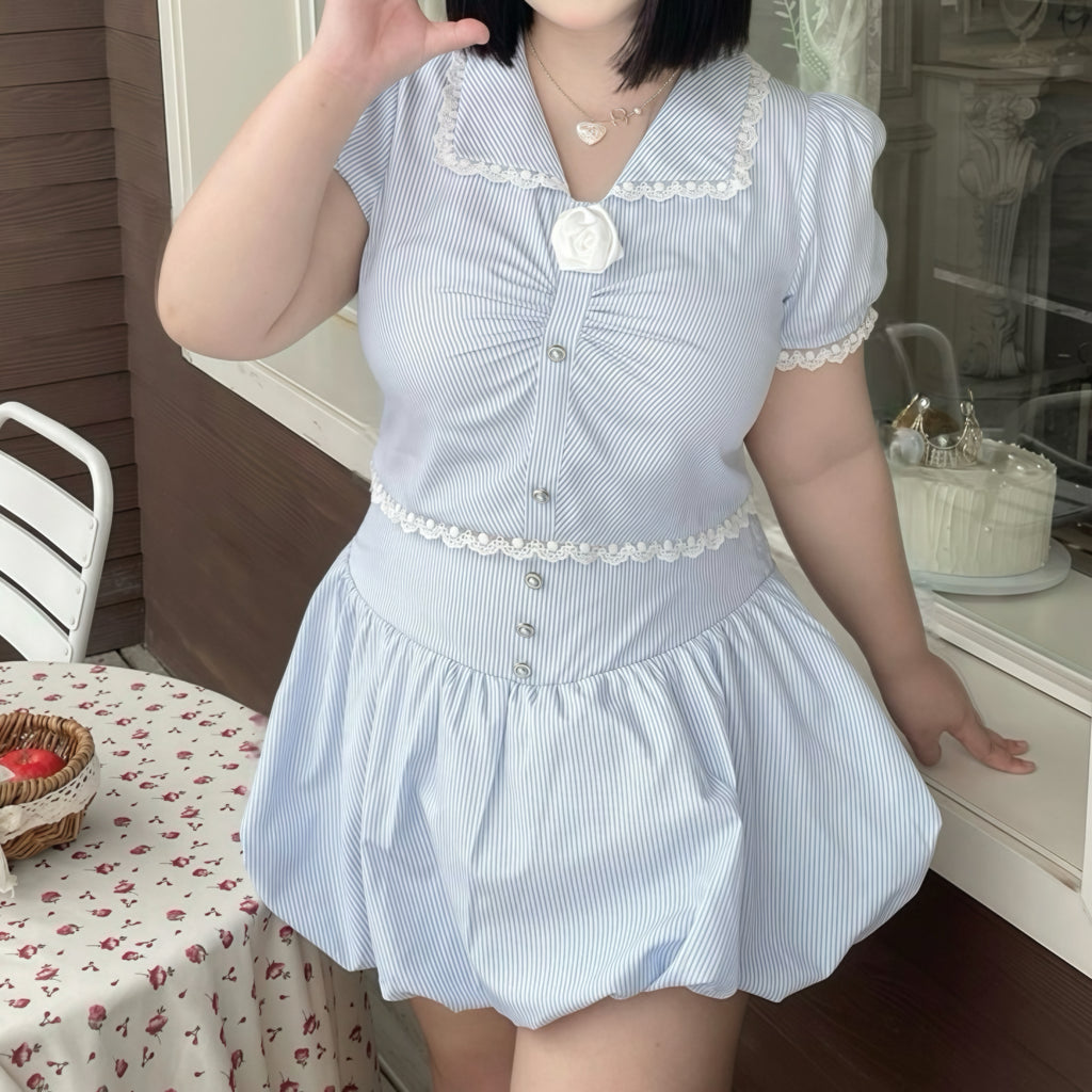 Blue Lined Lace Collar Bubble Dress