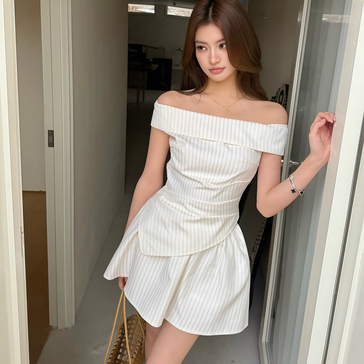 Lined Cream Off-Shoulder Set