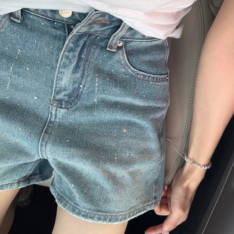 Sparkly Rhinestone Blue Denim Shorts