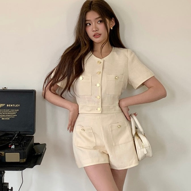 Beige Gold Button Top Shorts Set