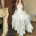 White Ruffle Back Ribbon Gown