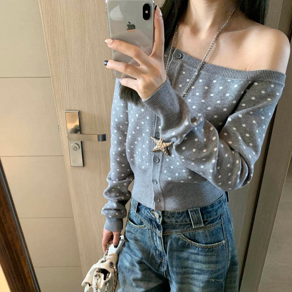 White Dot Grey Off-Shoulder Sweater