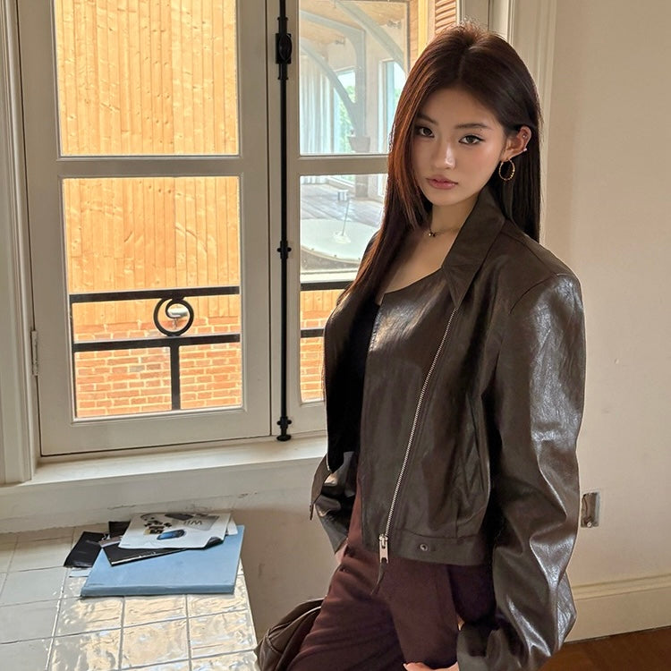 Brown Crop Faux Leather Zip Jacket