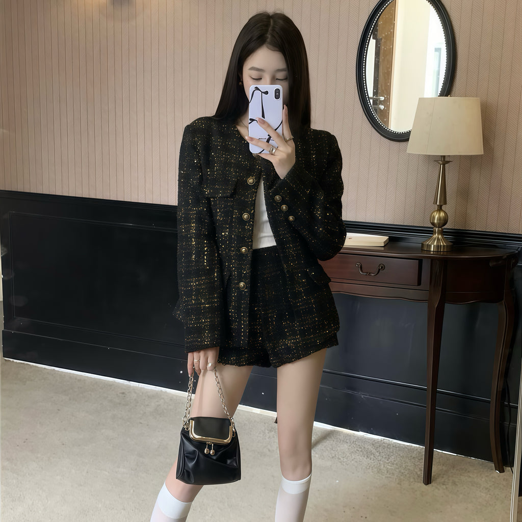 Black Tweed Gold Accent Blazer Skirt Set