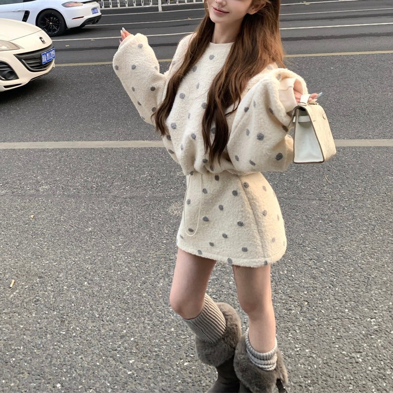 Beige Purple Polka Dot Sweater Skirt Set
