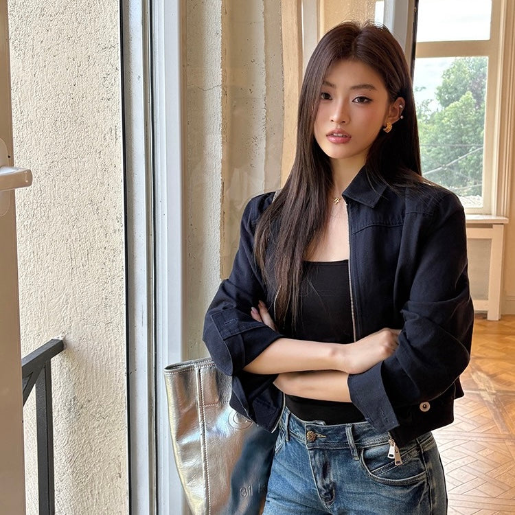 Navy Collar Zip-Up Jacket