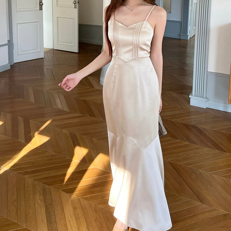 Champagne Satin Long Front Wrap Dress