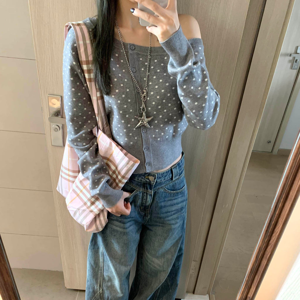 White Dot Grey Off-Shoulder Sweater