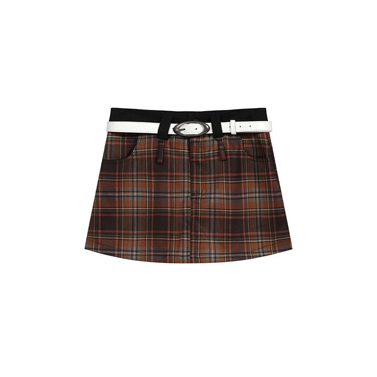 Orange Plaid White Belt Skirt