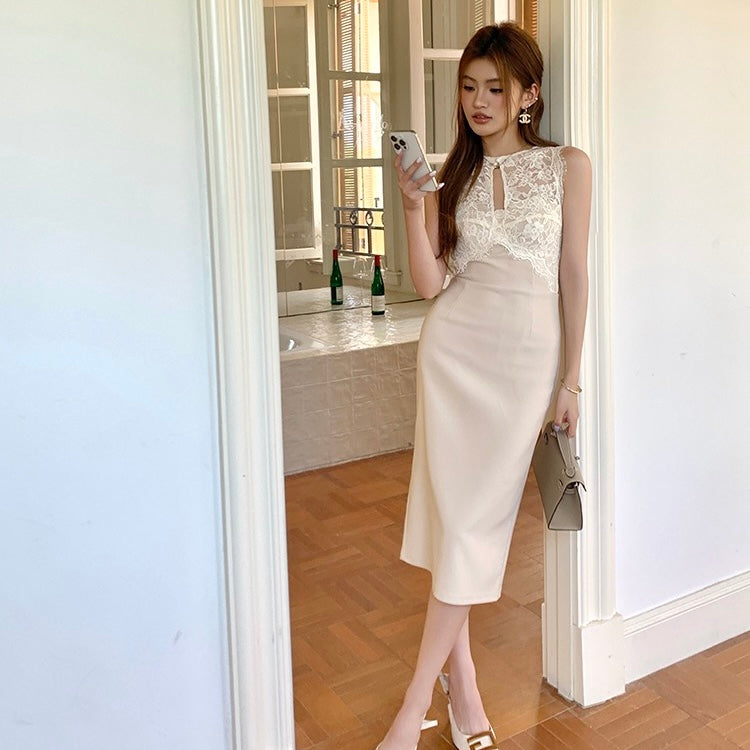 Beige Lace Front Halter Pencil Dress