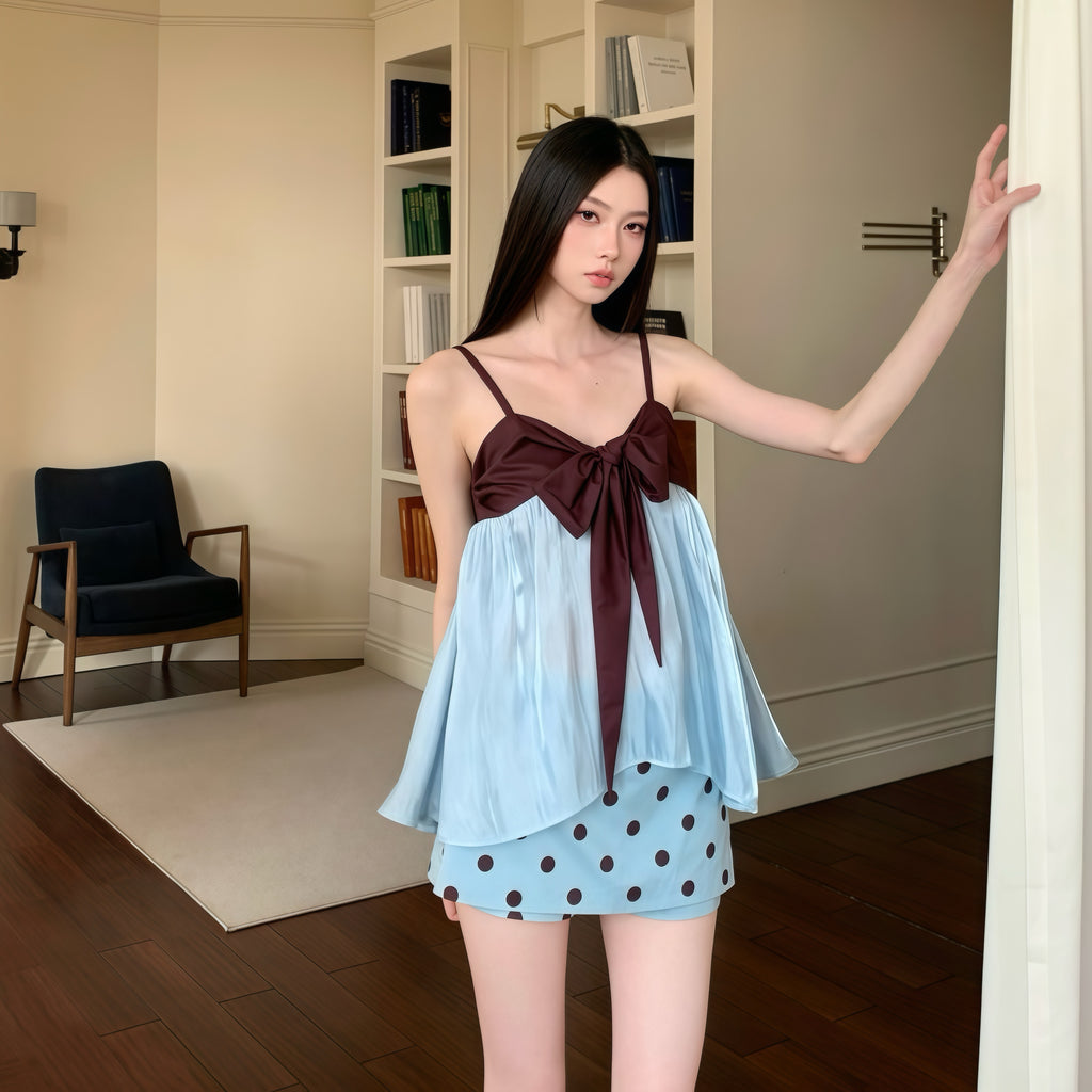 Brown & Blue Camisole Polka Dot Skirt Set