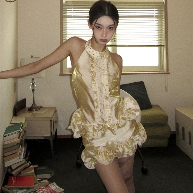 Yellow Gold Halter Swirl Hem Set