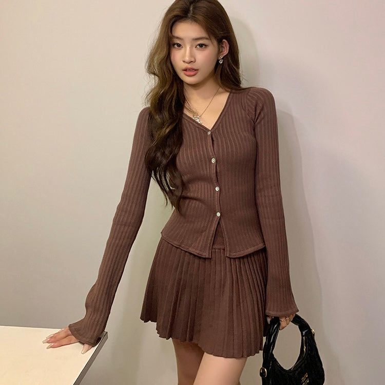 Knit Button-Up Sweater Pleated Skirt Set