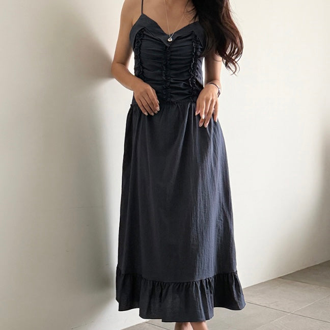 Front Triple Line Ruffle Maxi Dress