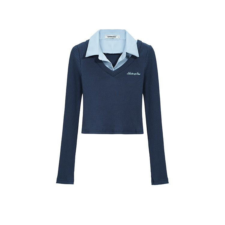 Blue Knit Inner Collar Sweater