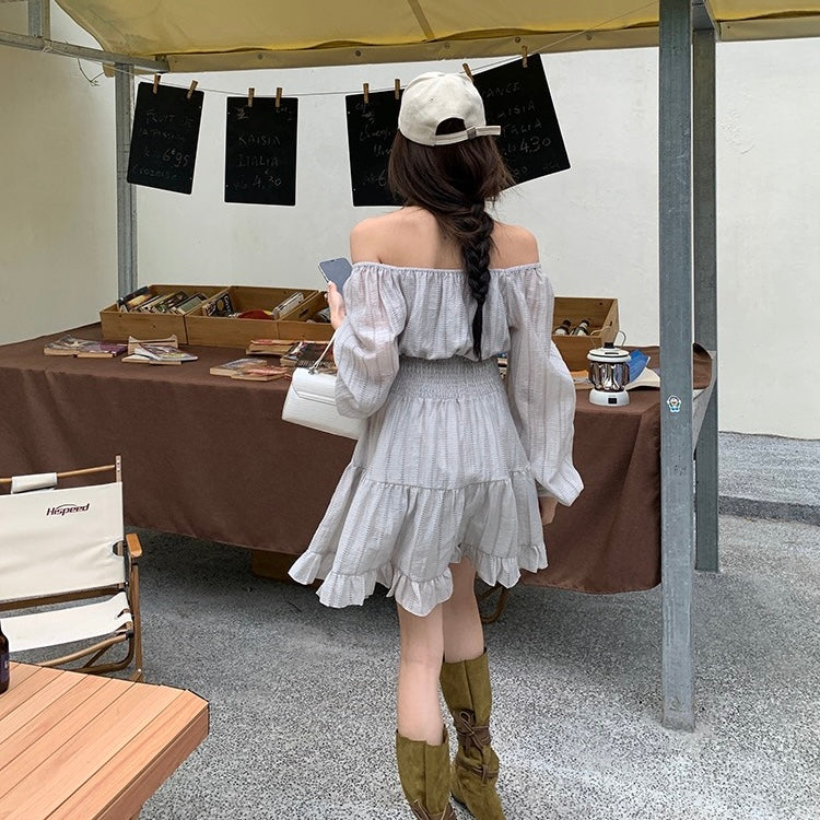Grey Puff-Sleeve Boho Ruffle Dress