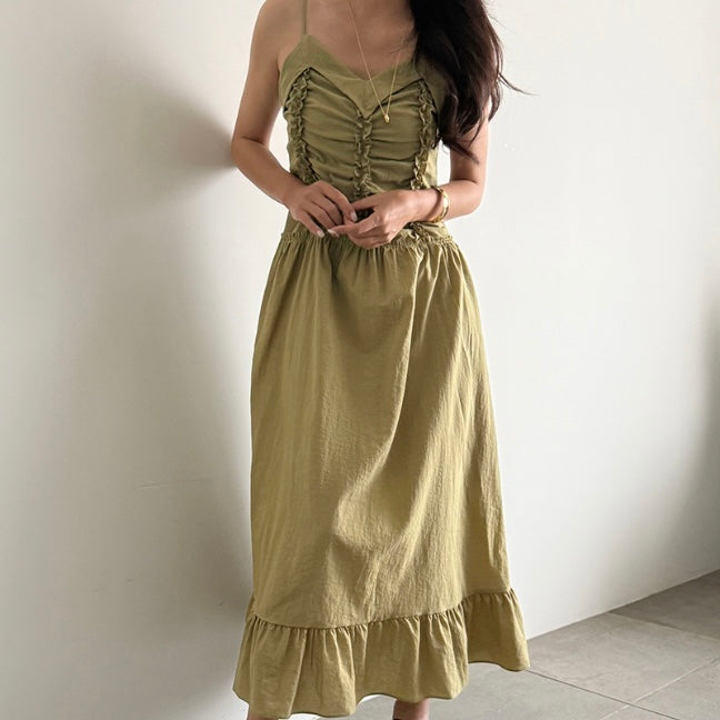 Front Triple Line Ruffle Maxi Dress