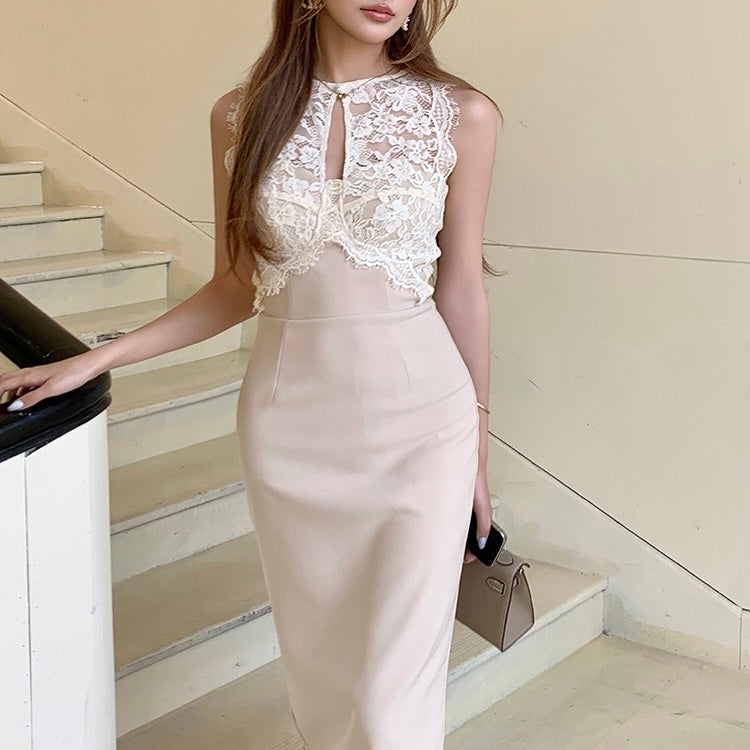Beige Lace Front Halter Pencil Dress