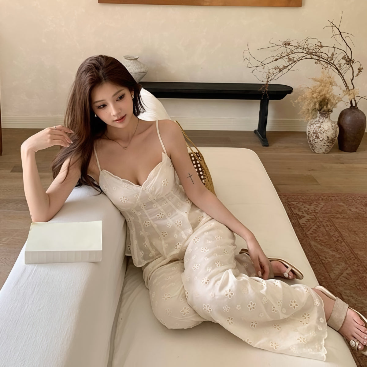White Lace Camisole Pants Summer Set