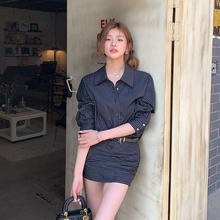 Black Line Shirt Belt Skirt Set
