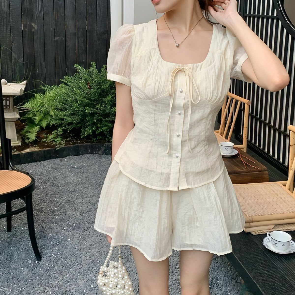 Beige Light Short Flowy Top Skirt Set