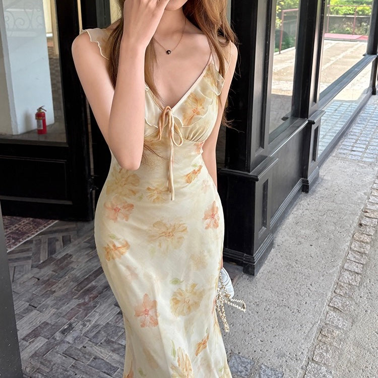 Yellow Light Floral Ruffle Maxi Dress
