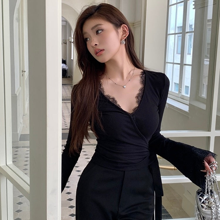 Black Lace Trim Trumpet Sleeve Waist Tied Top