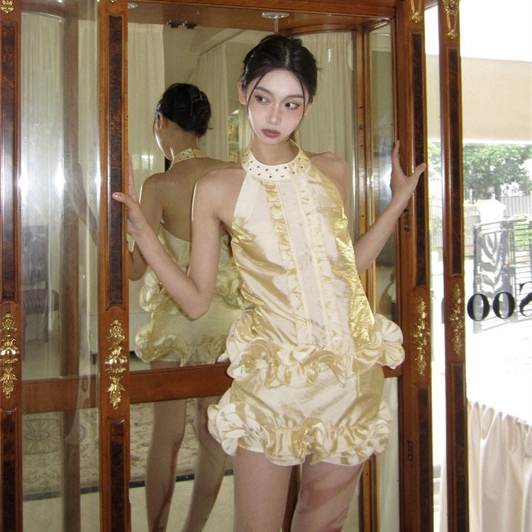 Yellow Gold Halter Swirl Hem Set