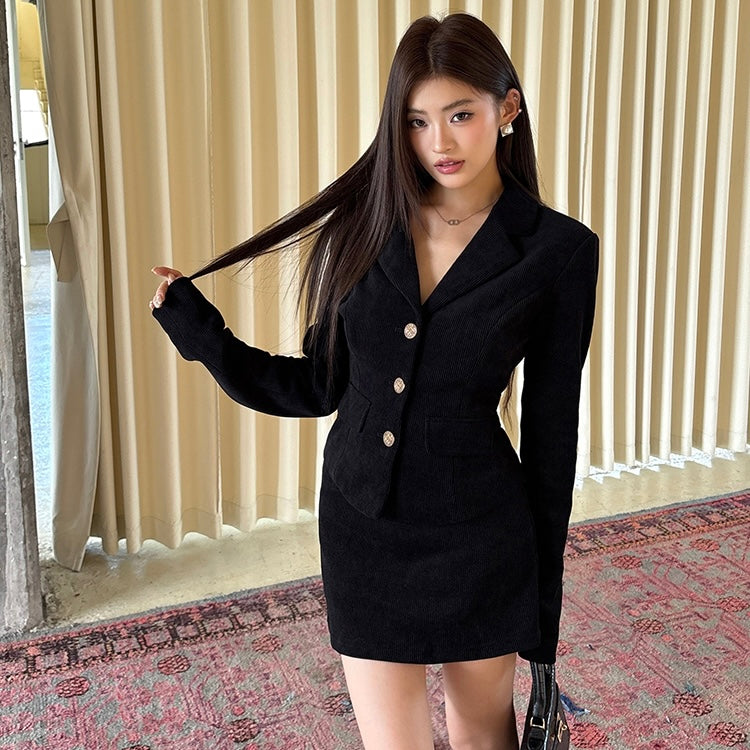 Gold Button Ribbed Fabric Blazer Skirt Set