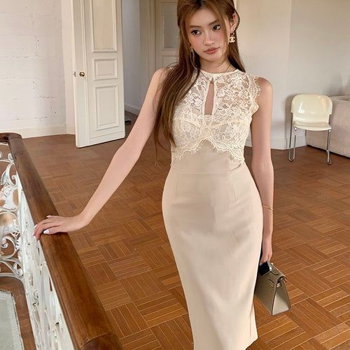 Beige Lace Front Halter Pencil Dress