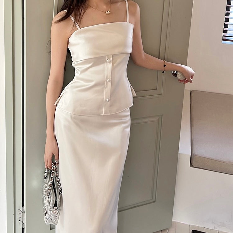 White Satin Camisole Maxi A-Line Skirt Set