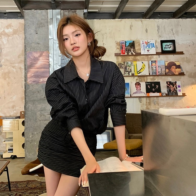 Black Line Shirt Belt Skirt Set