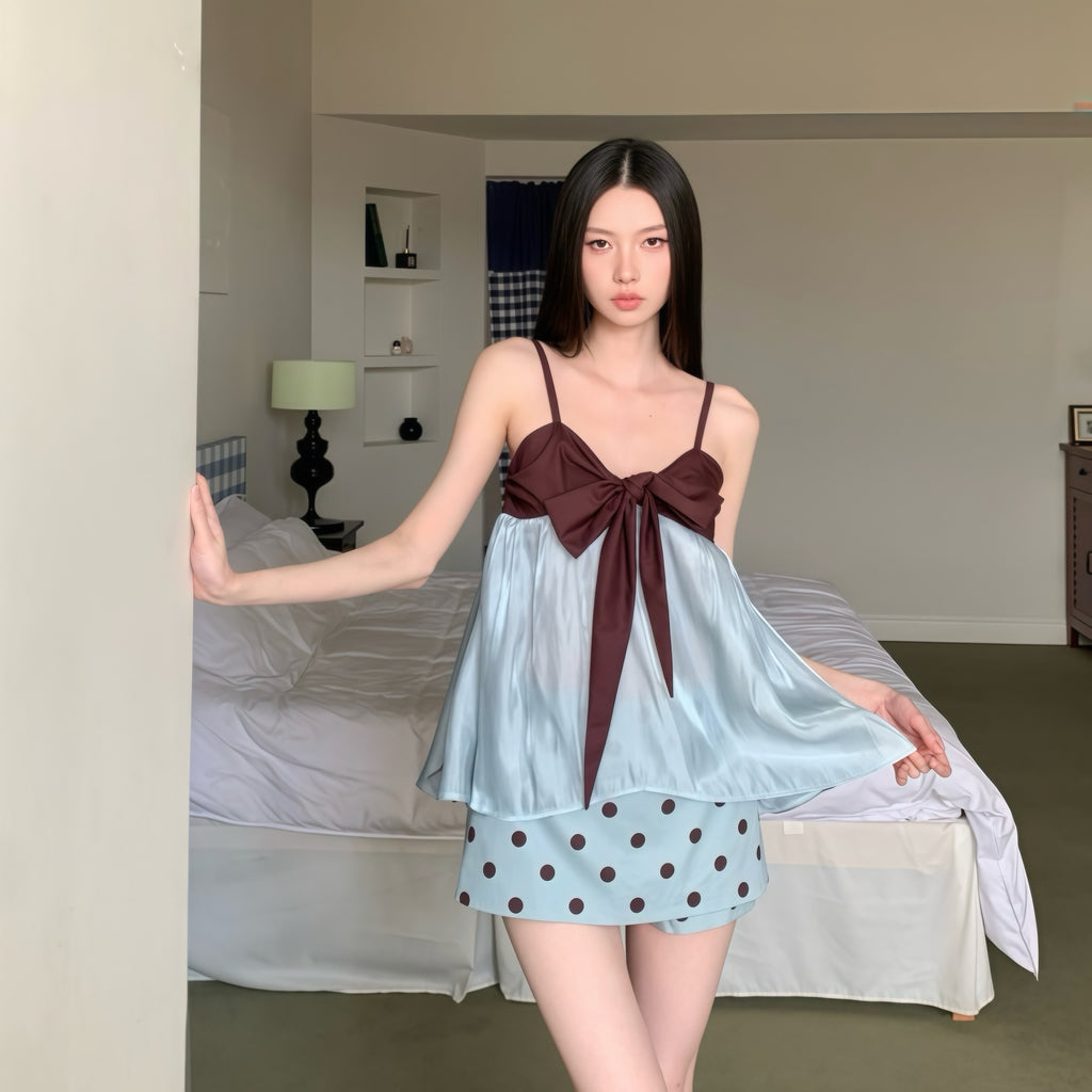 Brown & Blue Camisole Polka Dot Skirt Set
