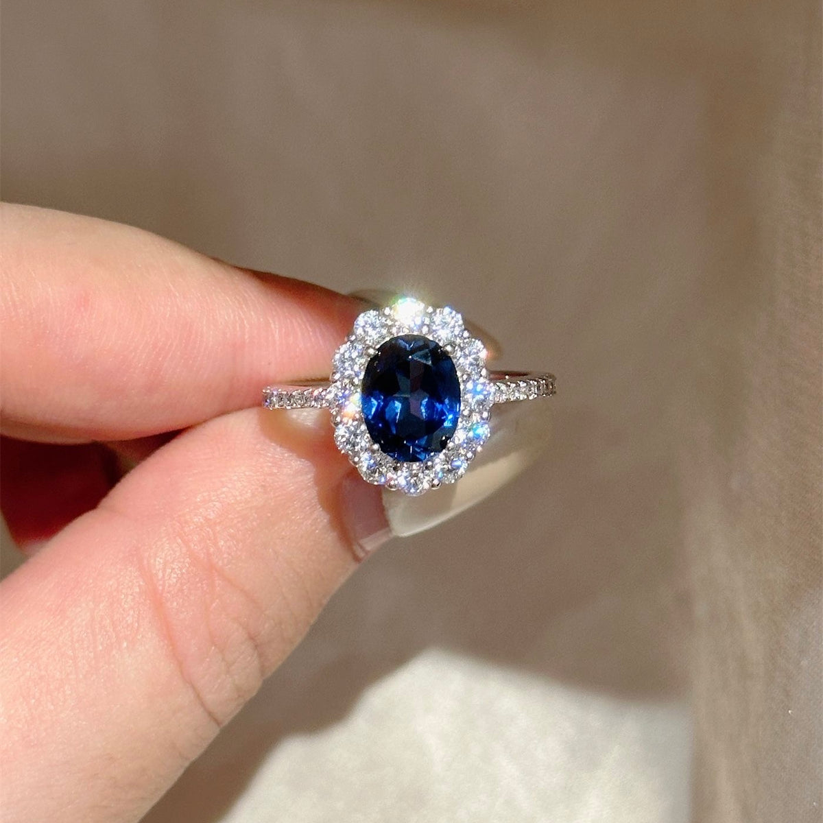 Oval Sapphire Diamond Halo Ring S925